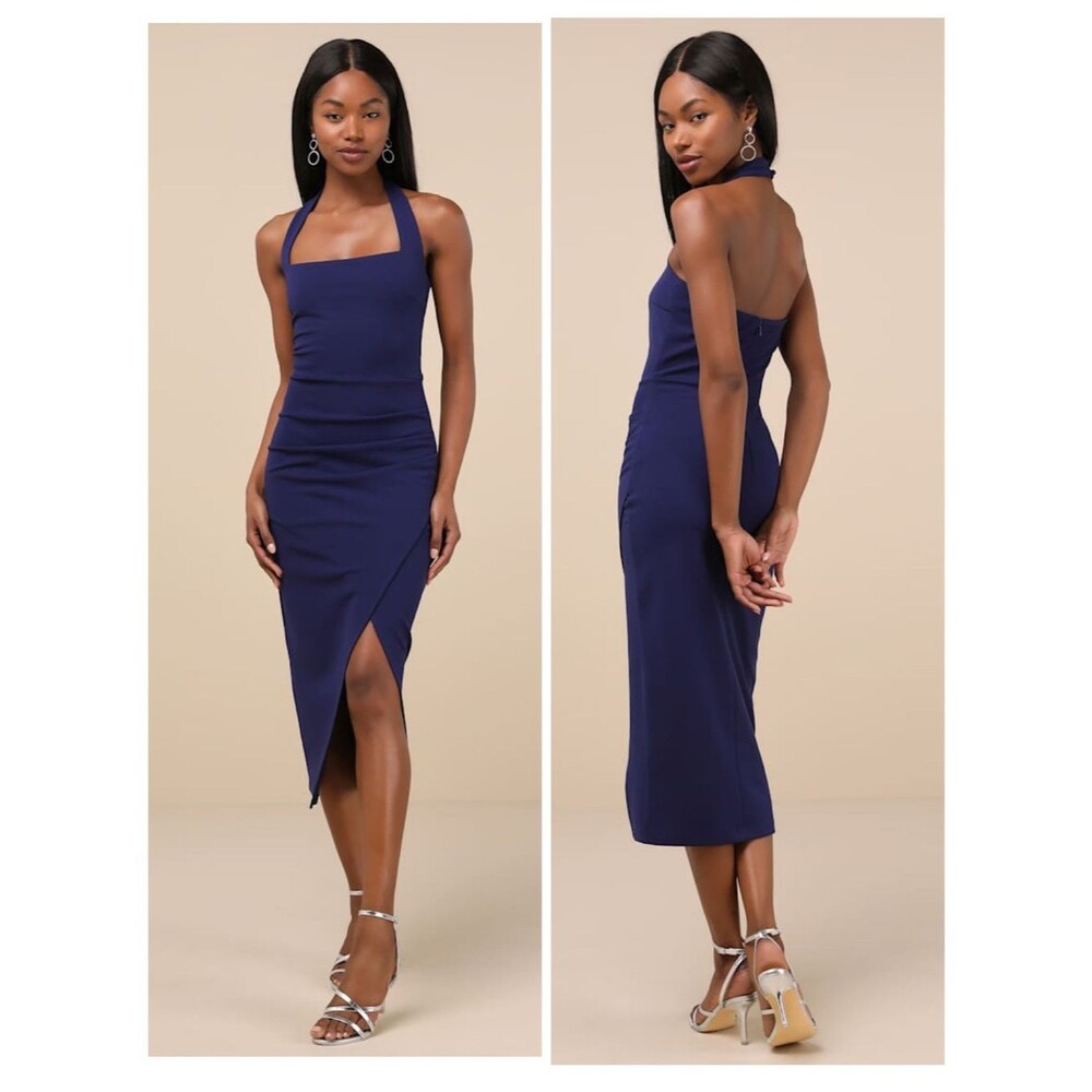 Lulus Prominent Charm Navy Halter Bodycon Tulip Midi Dress Size XL Cocktail